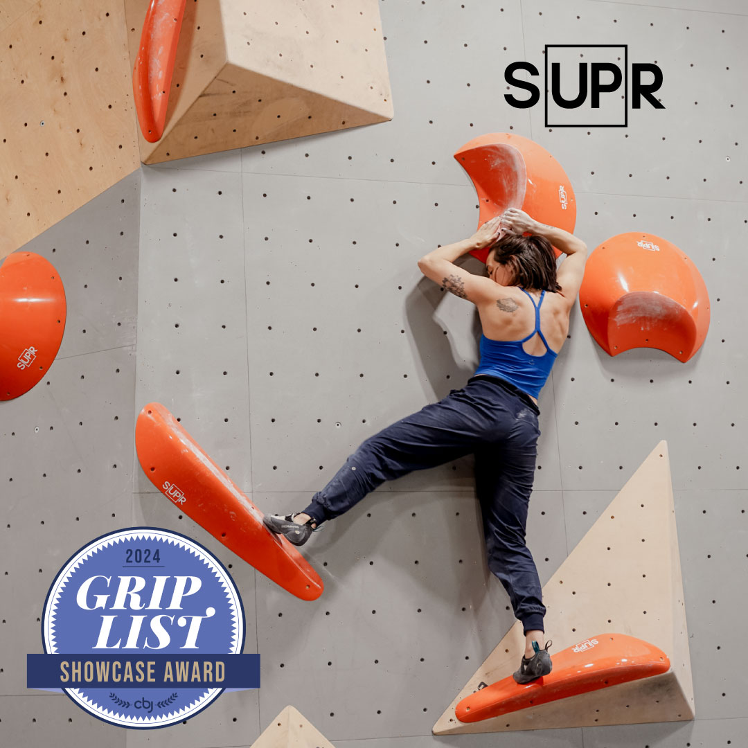 Climbing on SupR holds at the 2024 Grip Showcase Portland