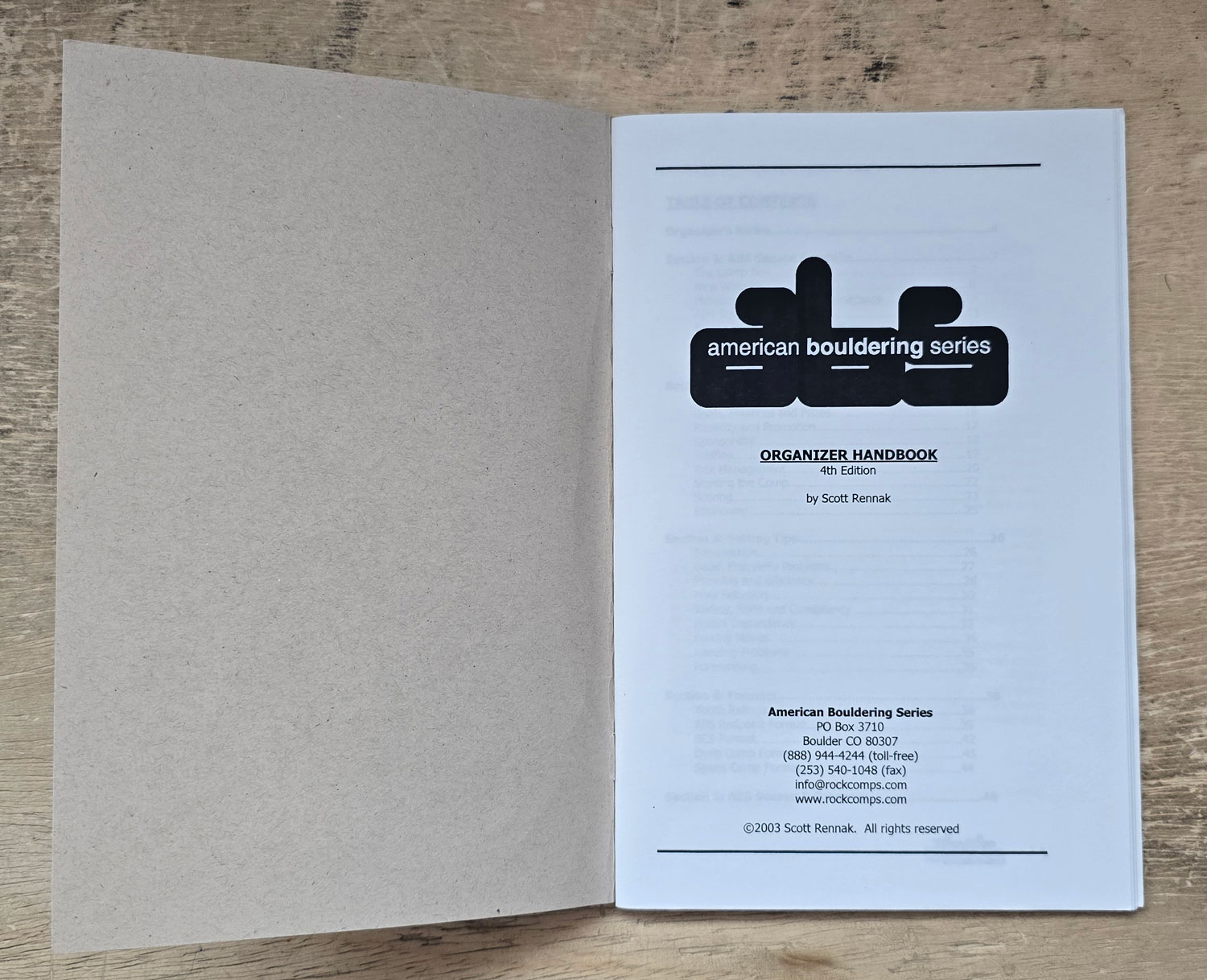 First page of the 4th edition of the Organizer Handbook for the American Bouldering Series