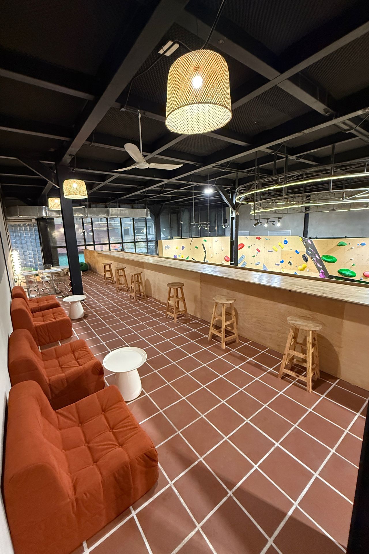 A lounge area at the new gym that overlooks the climbing