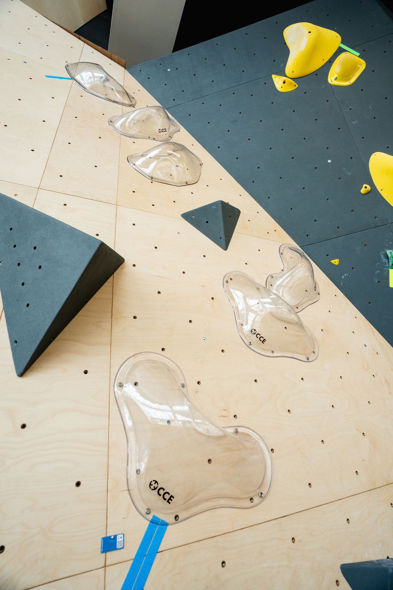 Some of the high-end holds on the bouldering wall