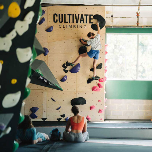 people bouldering in a climbing gym