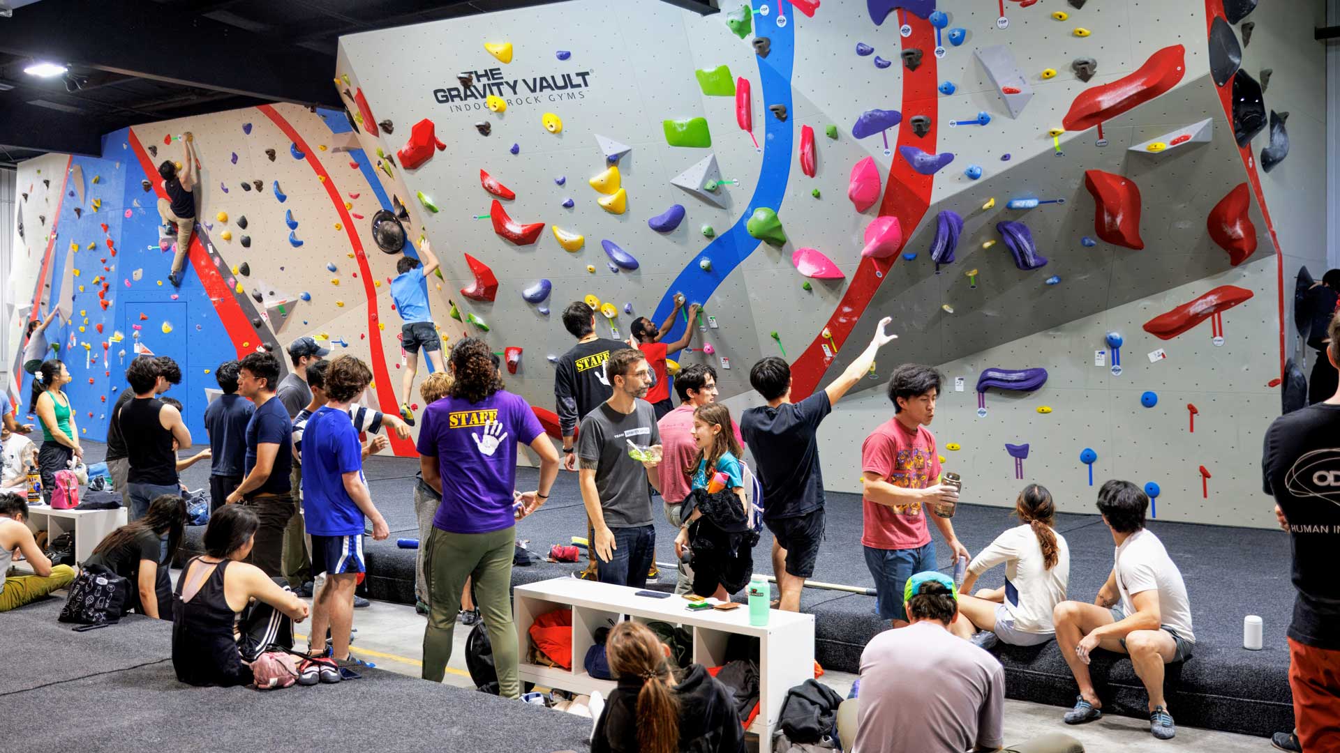 Climbers bouldering at The Gravity Vault's new Jersey City location