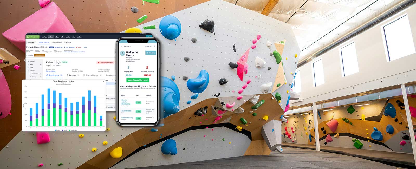 Redpoint HQ platform overlaid on a photo of a modern climbing gym