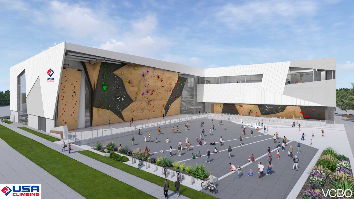 A rendering of the climbing walls and plaza outside the proposed facility