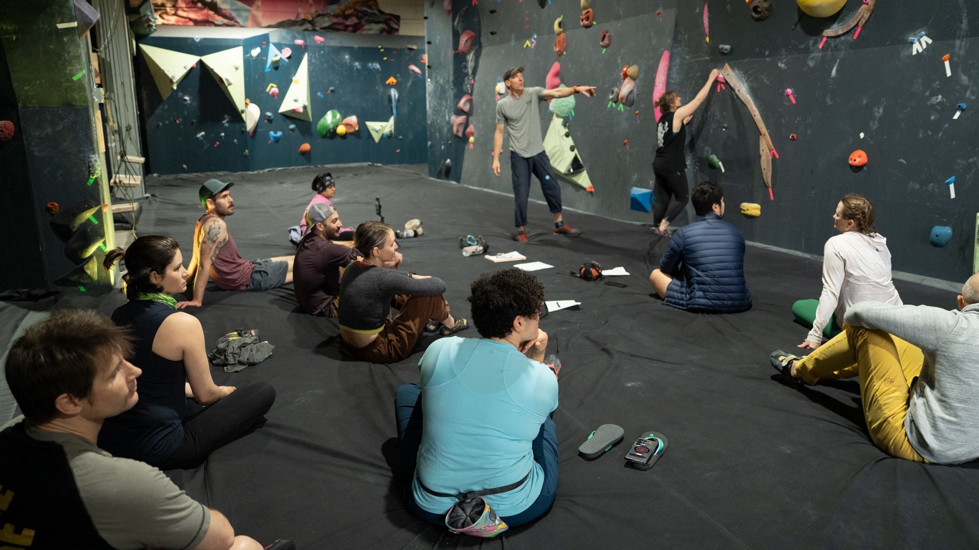 Climbers in a bouldering class at Castle Climbing Club